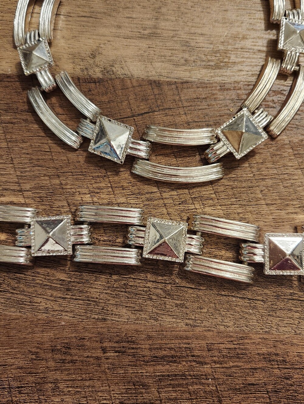 Silver-Tone Pyramid Link Necklace and Bracelet Set - Picture 9 of 12